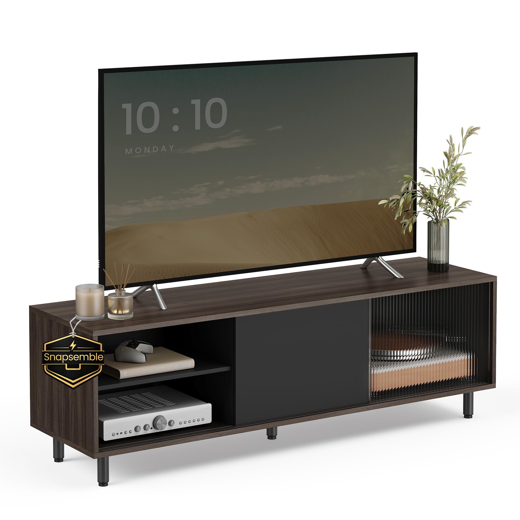 VASAGLE TV-Schrank Lowboard, Snapsemble – superschnelle Montage, Fernsehtisch für Fernseher bis 32/45/50/55/60 Zoll, Modernes Design, Wohnzimmer, Riffelglas, 140 x 39 x 45 cm, Schwarz LTV466K02
