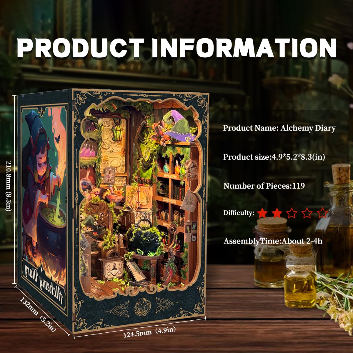 DIY Book Nook Kit for Adults and Teens 3D Wooden Puzzle Miniature Tiny House Dollhouse Kit Bookshelf Booknook Bookcase Model Build Gift Kit Decor with LED Light-Alchemy Diary(SQ-43) - Image 2