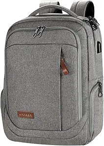 KROSER Laptop Backpack Large Computer Backpack Fits up to 17.3 Inch Laptop with USB Charging Port Water-Repellent Casual Daypack for Travel/Business/College/Women/Men-Grey