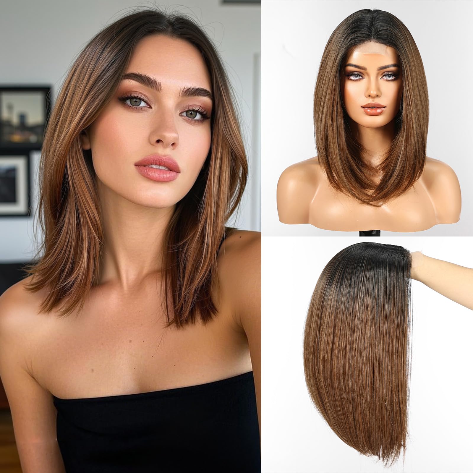 WOKESTAR Bob Wigs for Women Middle Part Bob Style Heat Resistant Fibre Synthetic Heat Resistant Wigs Honey Brown Color
