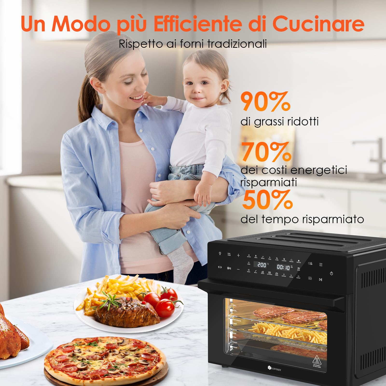 LLIVEKIT 30L Friggitrice ad Aria Forno XXL con Girarrosto Rotante, Mini Forno a Convezione 20 Programmi e 9 Accessori, Friggitrice ad Aria Senza Olio con Schermo a LED, Ricettario, 80 °C-230 °C