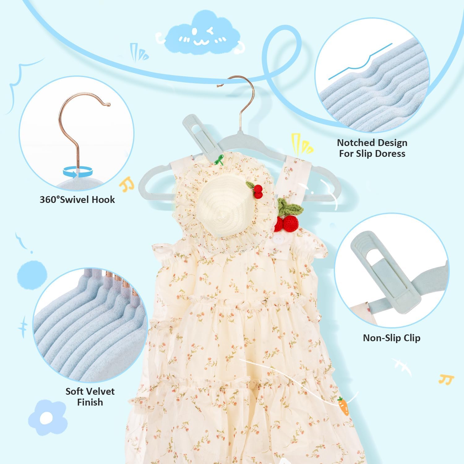 30-Pack 11 Inch Baby Closet Hangers with 10 Clips - Soft Velvet Non-Slip Hangers for Infant & Toddler Clothes - Blue - Image 3
