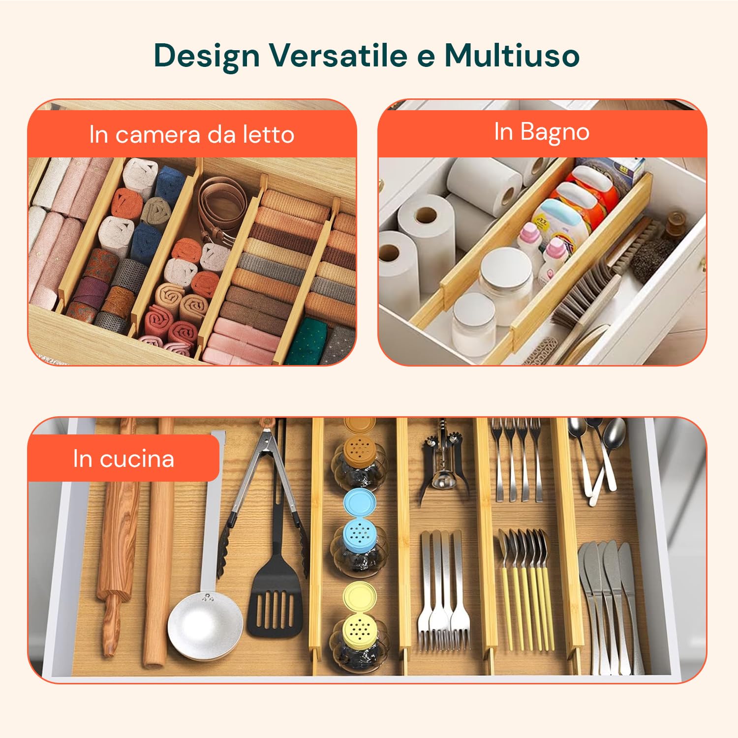 Avilia Divisori per Cassetti Set 4 Bamboo – Organizer Cassetti Regolabili 43–56 cm, Divisori Cassetti Cucina e Biancheria, Sistema a Molla Senza Attrezzi, Antiscivolo Salvaspazio