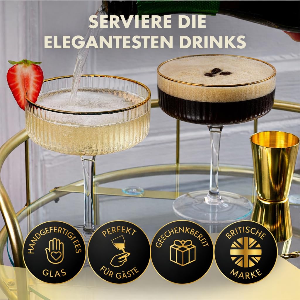 Vemacity Cocktail Set– Glas Cocktail Shaker (500ml) + 2 Espresso Martini Gläser mit Goldrand, Bar Spoon & Jigger | Barkeeper-Set | Cocktailgläser + Cocktailshaker | Ideal zum Verschenken