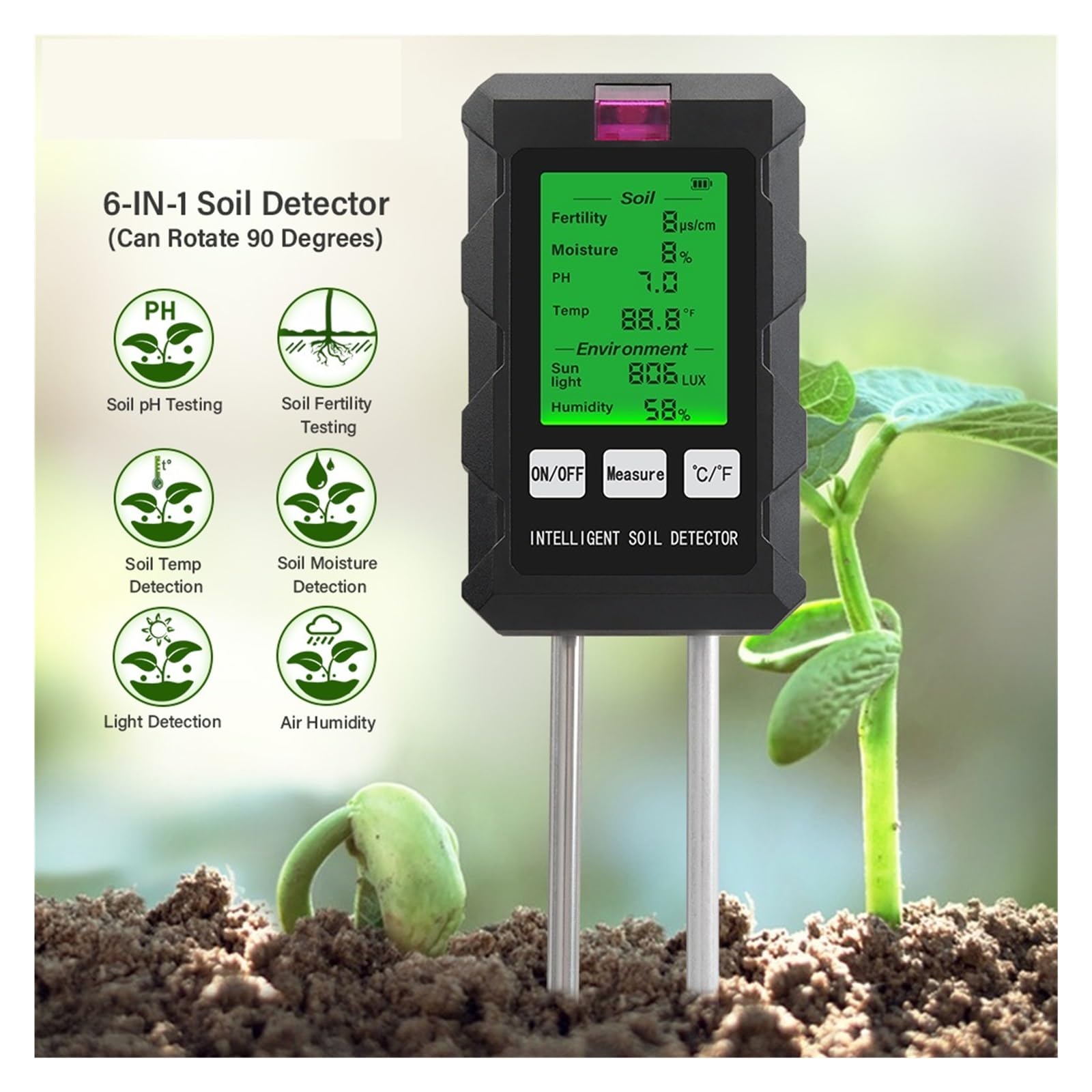 Humidimètre pour Sol, Testeur numérique Multifonction 6 en 1 de pH/température/humidité du Sol, Outil de Jardinage pour Le Jardinage et l'agriculture