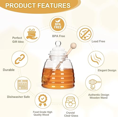 Vista 2 de Tarro de miel de vidrio con 2 cucharas – Dispensador de miel para té, café y desayuno – Honeypot transparente con tapa – Elegante recipiente de miel