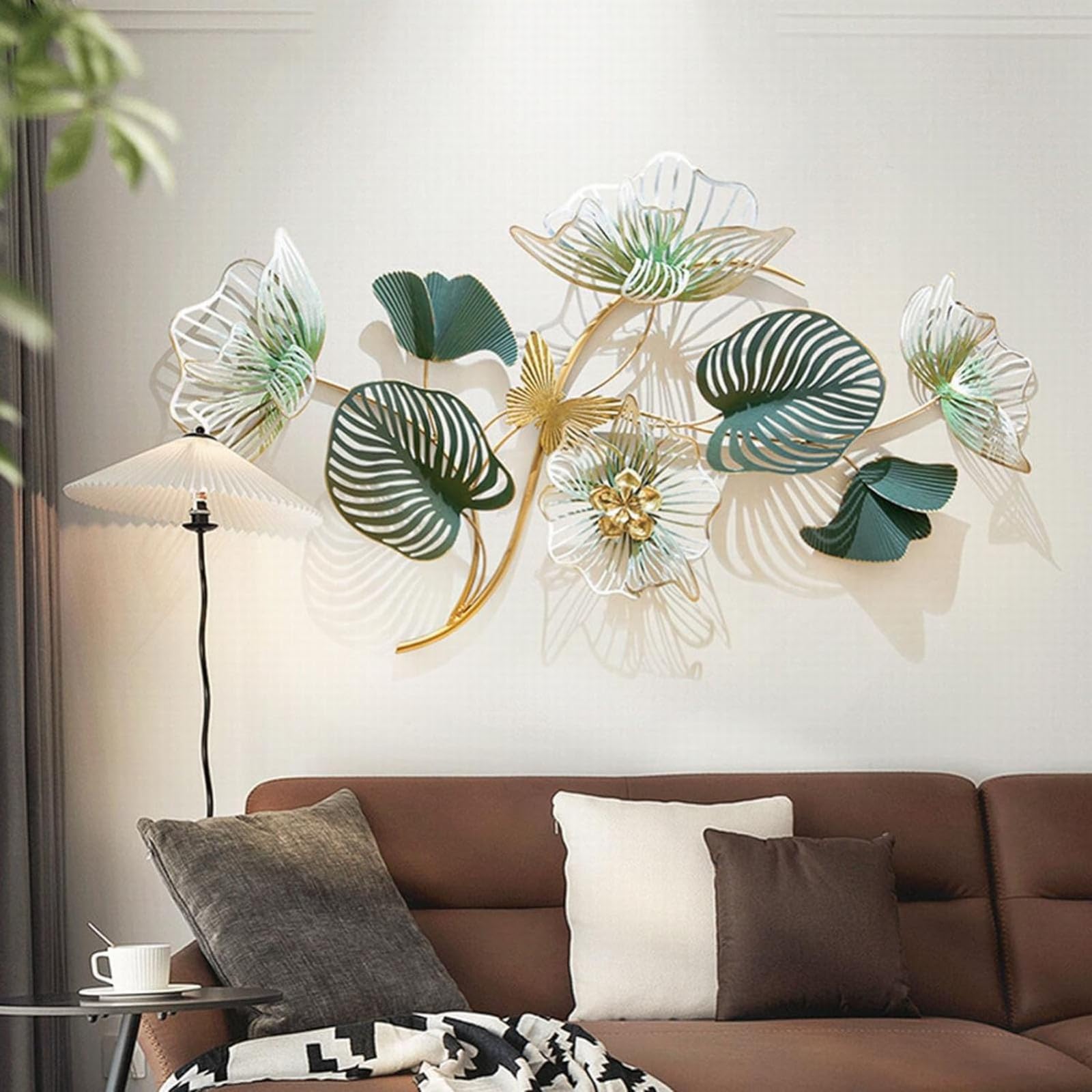 Cepewa Decoración De Pared Aspecto 3D Para Colgar │ Motivos Flores Metal Azul/plata/oro L 53 X H 90 Cm │ Escultura De Pared Horizontal Vertical (1x Decoración De Pared