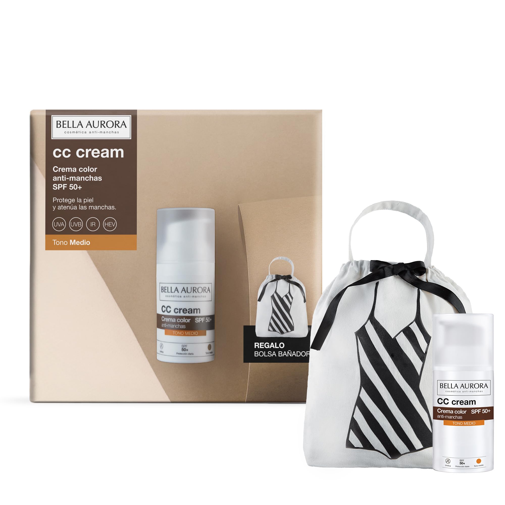 BELLA AURORA - Pack CC Cream Antimanchas SPF50+ 30 ml + Bolsa Bañador, Protector Solar Antimanchas Tono Medio, Crema Color Antimanchas, para Cualquier Tipo de Piel, Crema Solar Facial de Color Medio