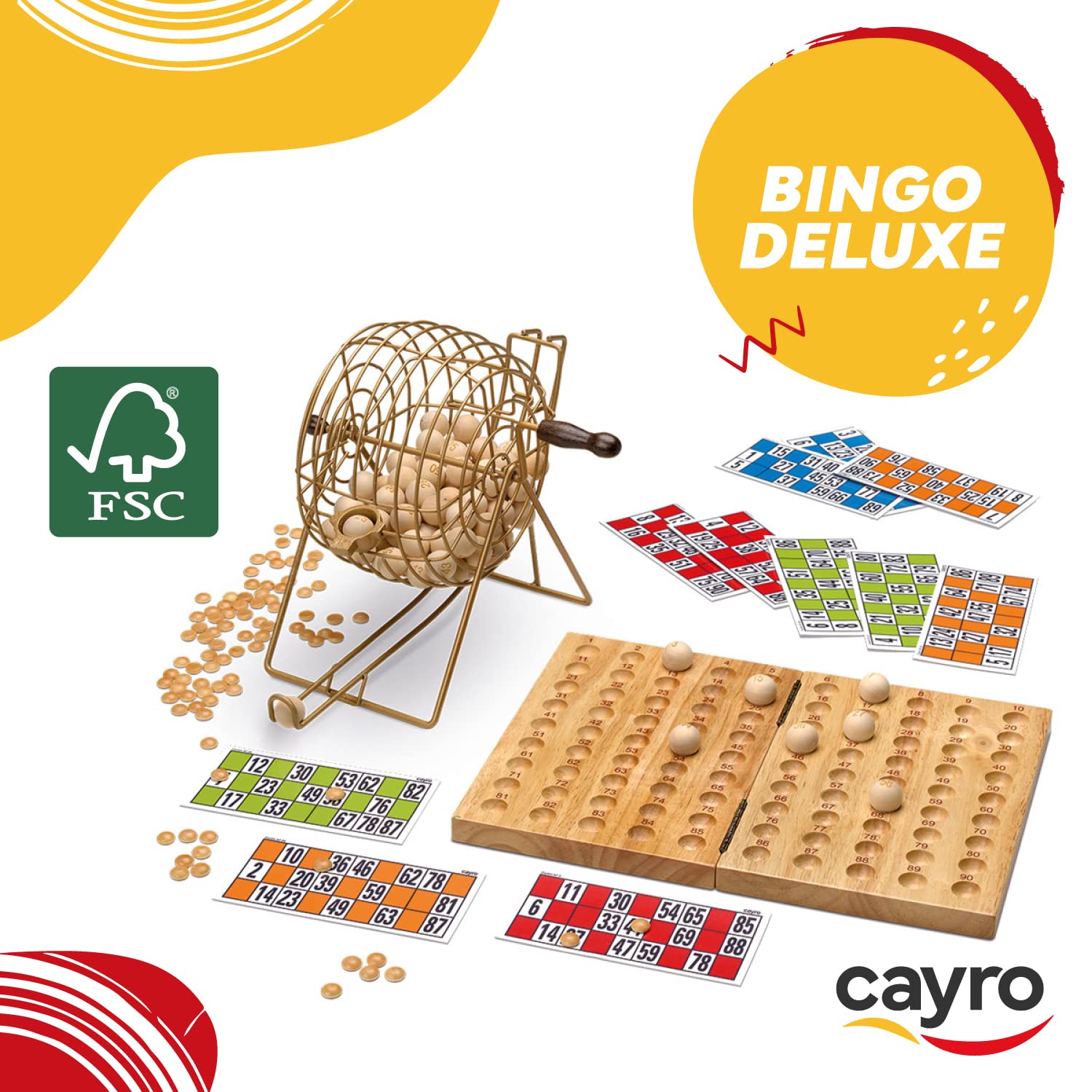 Cayro - Bingo - + 6 Años - Modelo Delux - Juego de Mesa - para Niños y Adultos - Tablero Plegable y Bolas de Madera - Bombo Metálico - 2 a 8 Jugadores