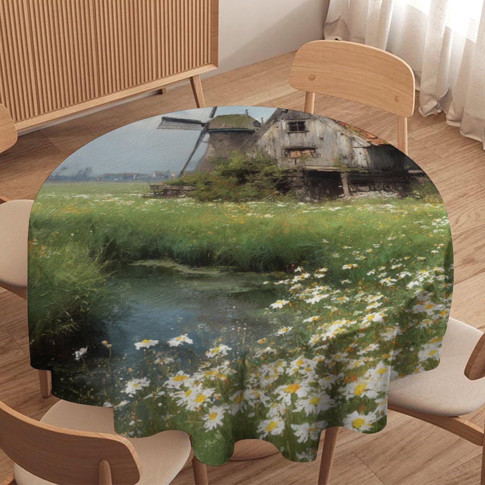 LUYYSKY Vintage Beautiful Spring Farmhouse Waterproof Round Tablecloth Abstract Watercolor Western Windmill Daisiy Floral Pattern Washable Table Cover for Kitchen-91.4" Wx91.4 L cm