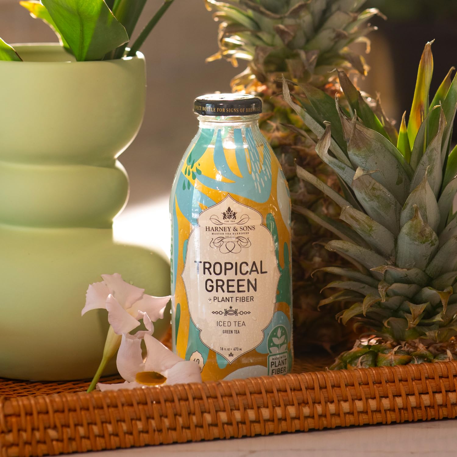 Harney & Sons Tropical Green plus Plant Fiber Iced Tea, Real Brewed Tea, 8g Sunfiber® Prebiotic Fiber, 20mg Magnesium, 16oz Glass Bottles (Pack of 12) - Image 4