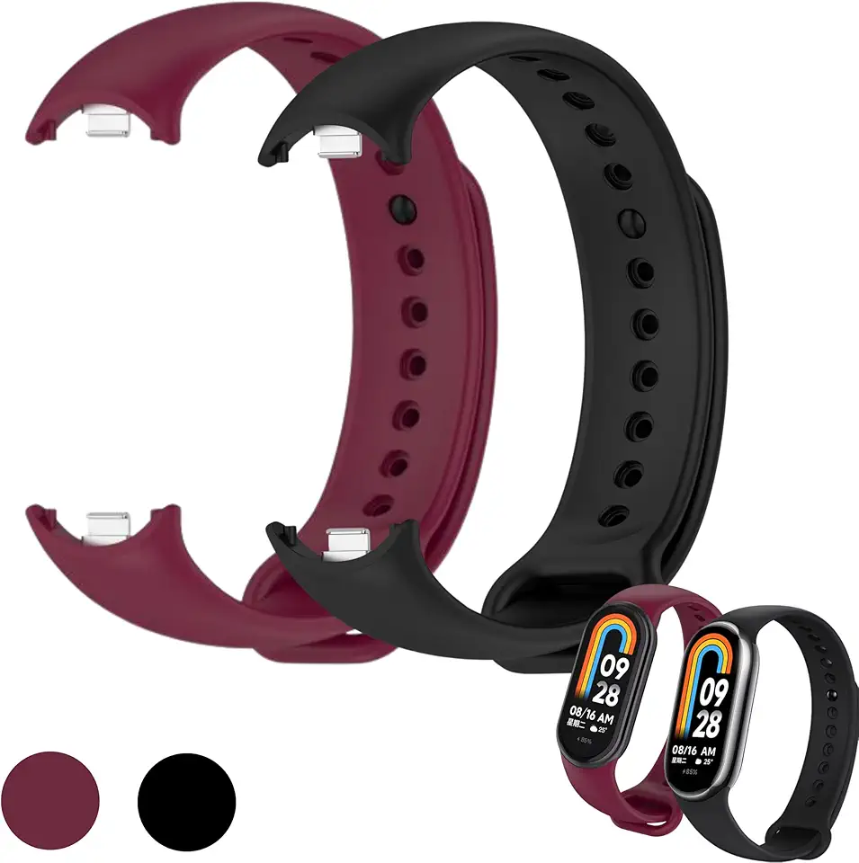 kIT 2 Pulseira para MI Band 8 Preto e Vinho Marsala Bracelete em Silicone TPU Regulavel Macia Confortavel e Regulagem para Vários Tamanhos