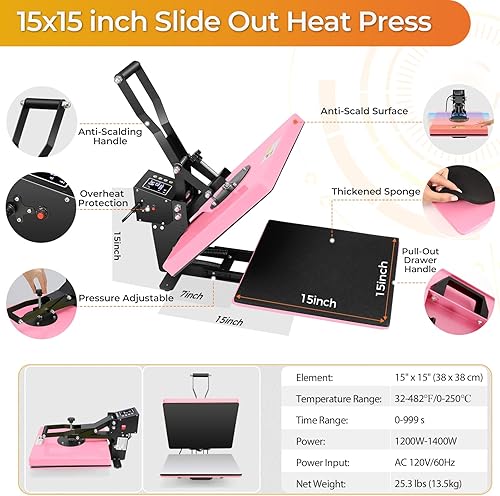 Miniatura 5 de Whubefy Máquina de prensa de calor de 15 x 15 pulgadas, máquina de prensa de calor digital para impresora de camisetas, calentamiento rápido y