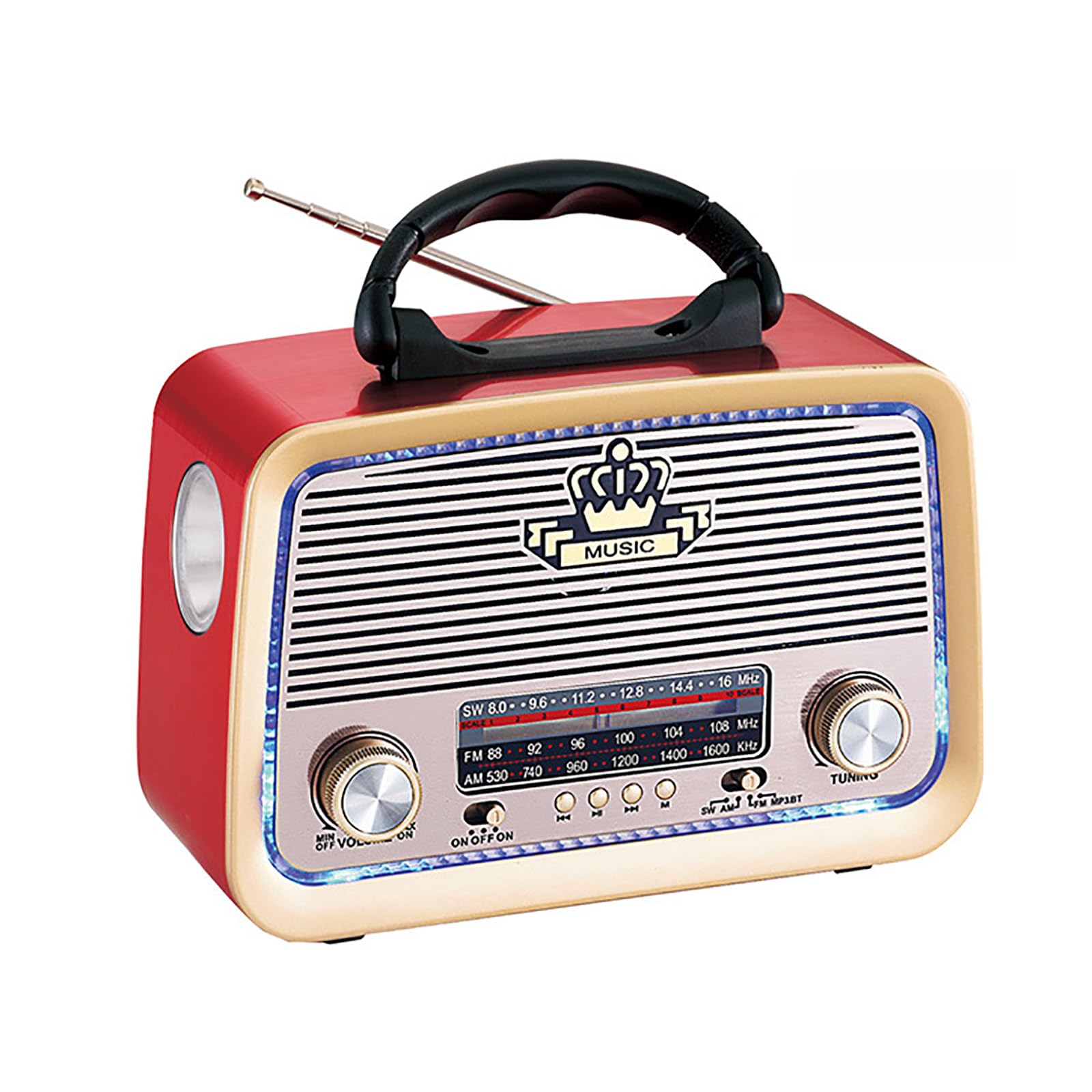 TsoLay Radio Portátil Retro, Radio Am FM con Linterna, Luz Ambiental Y Mango Largo, Altavoz Bluetooth, Sonido Claro, Soporte para Reproducción De Tarjeta AUX/TF/Disco U, Regalos para Personas Mayores