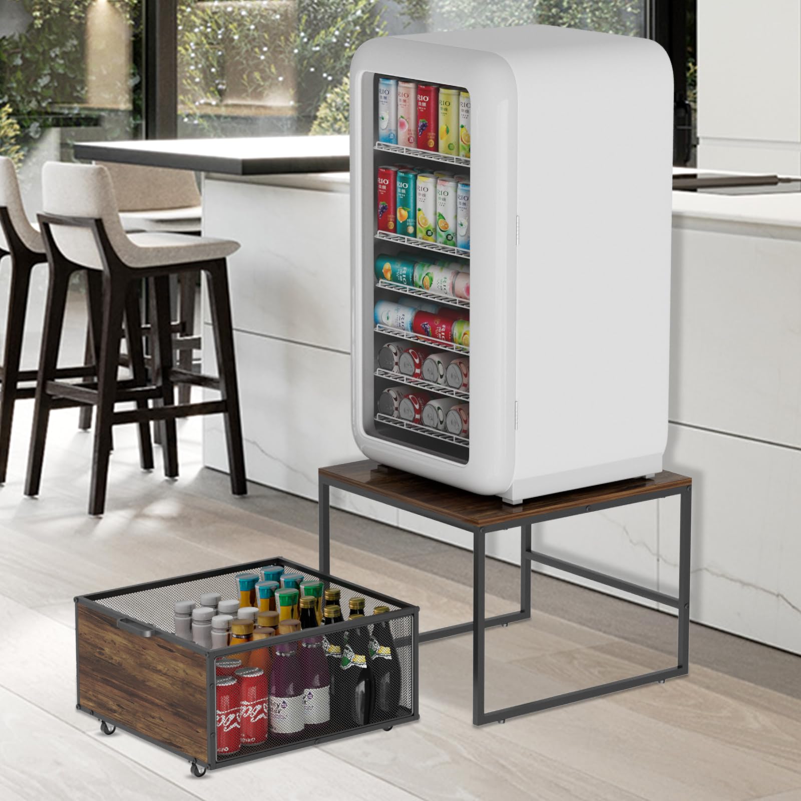VyGrow Kühlschrankständer mit Stauraum und Rollen, robuster Mini-Kühlschrankständer aus Holz mit tragbarem Rollschubladenkorb für Zuhause, Küche, Zimmer, Büro, Geschäft, 50 x 50 x 40 cm, Schwarz