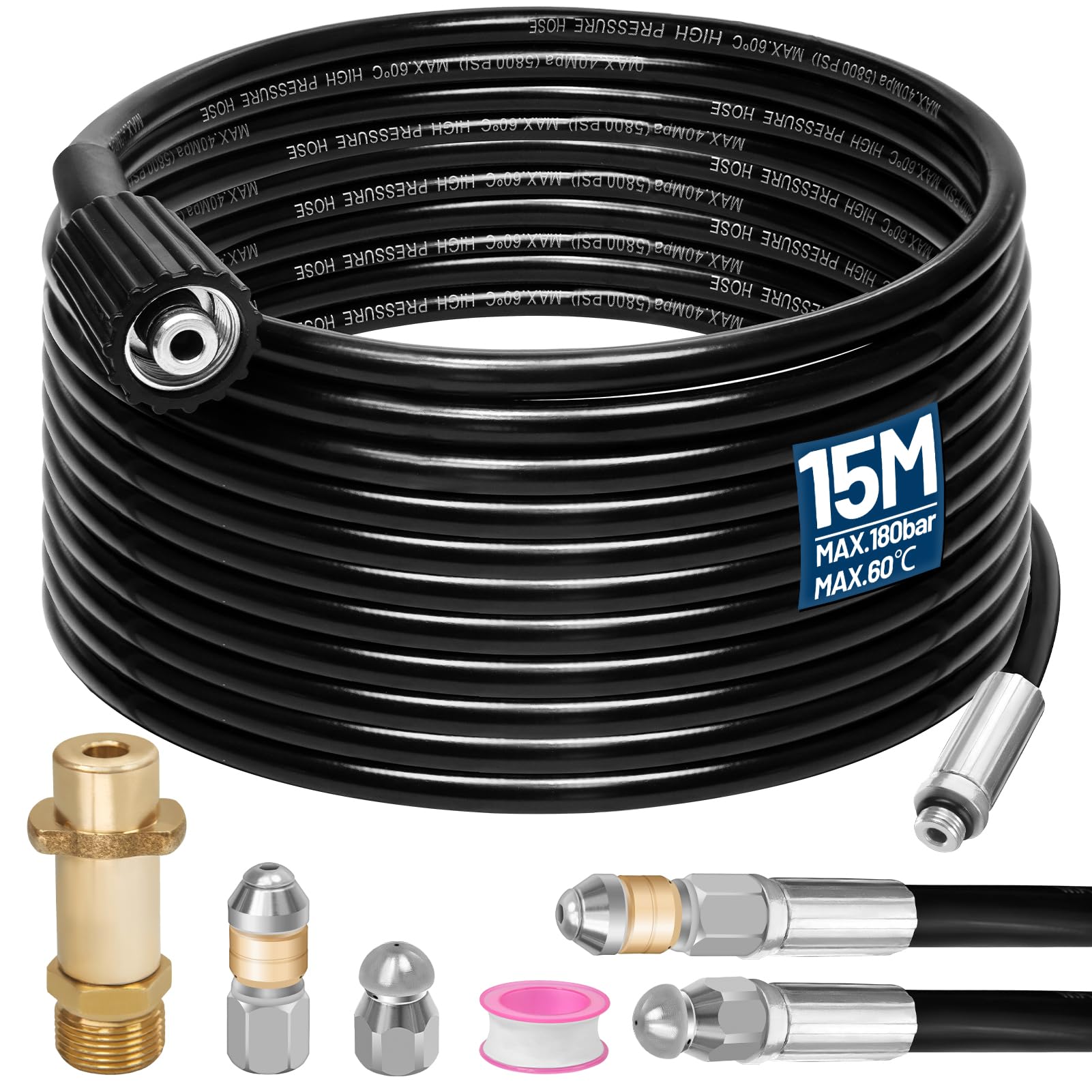 15M Rohrreinigungsschlauch Set,180Bar 60°C,inkl.Düsen starr + rotierend,1 Adapter kompatibel mit K2 K3 K4 K5 K6 K7 Hochdruckreiniger Universal Rohrreinigungsset