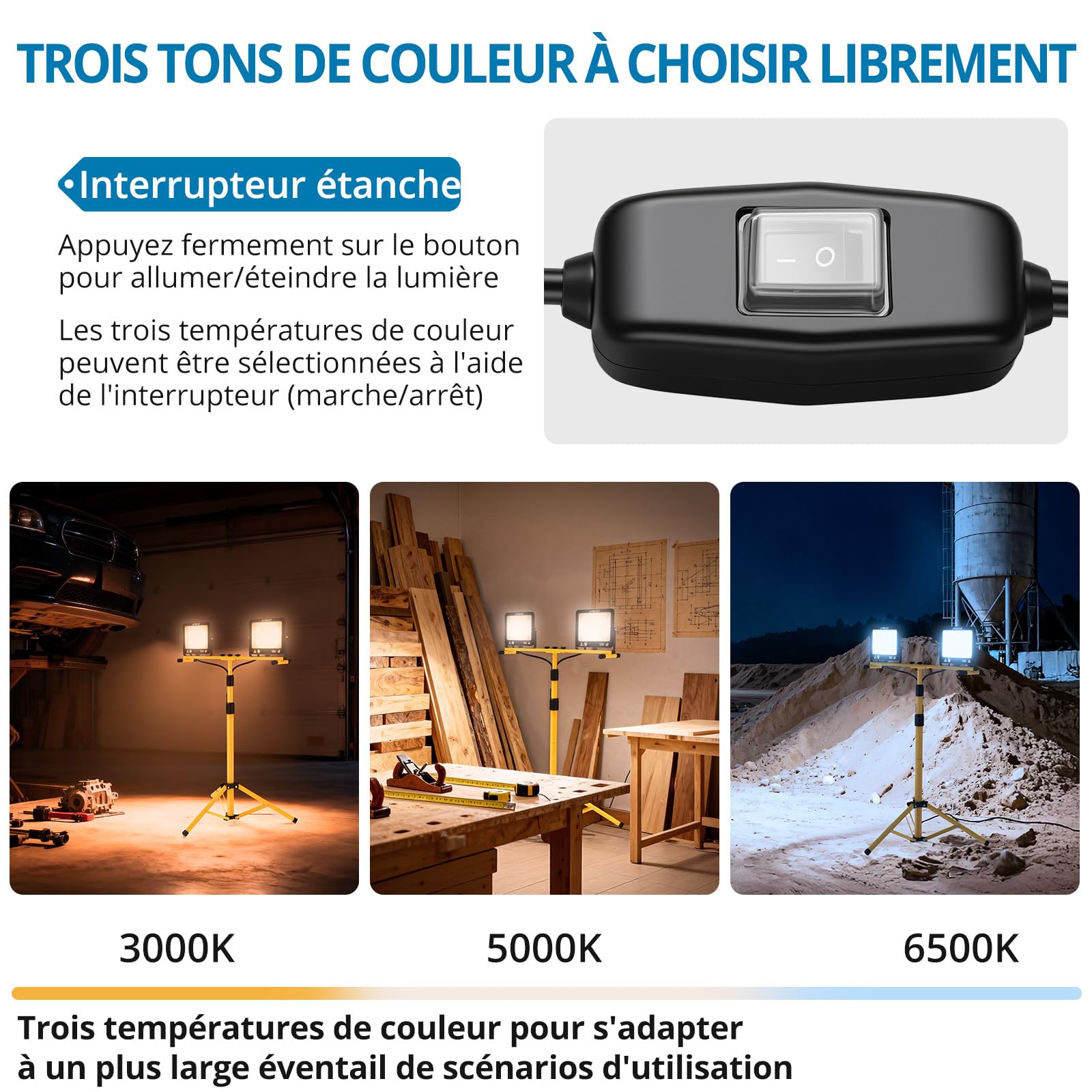AUTOUTLET 2x 100W Projecteur De Chantier LED Avec Trépied, 19000LM Lampes de Travail à LED Trépied Réglable Avec 3 Modes de Température de Couleur, Câble 5M, IP66 Étanche