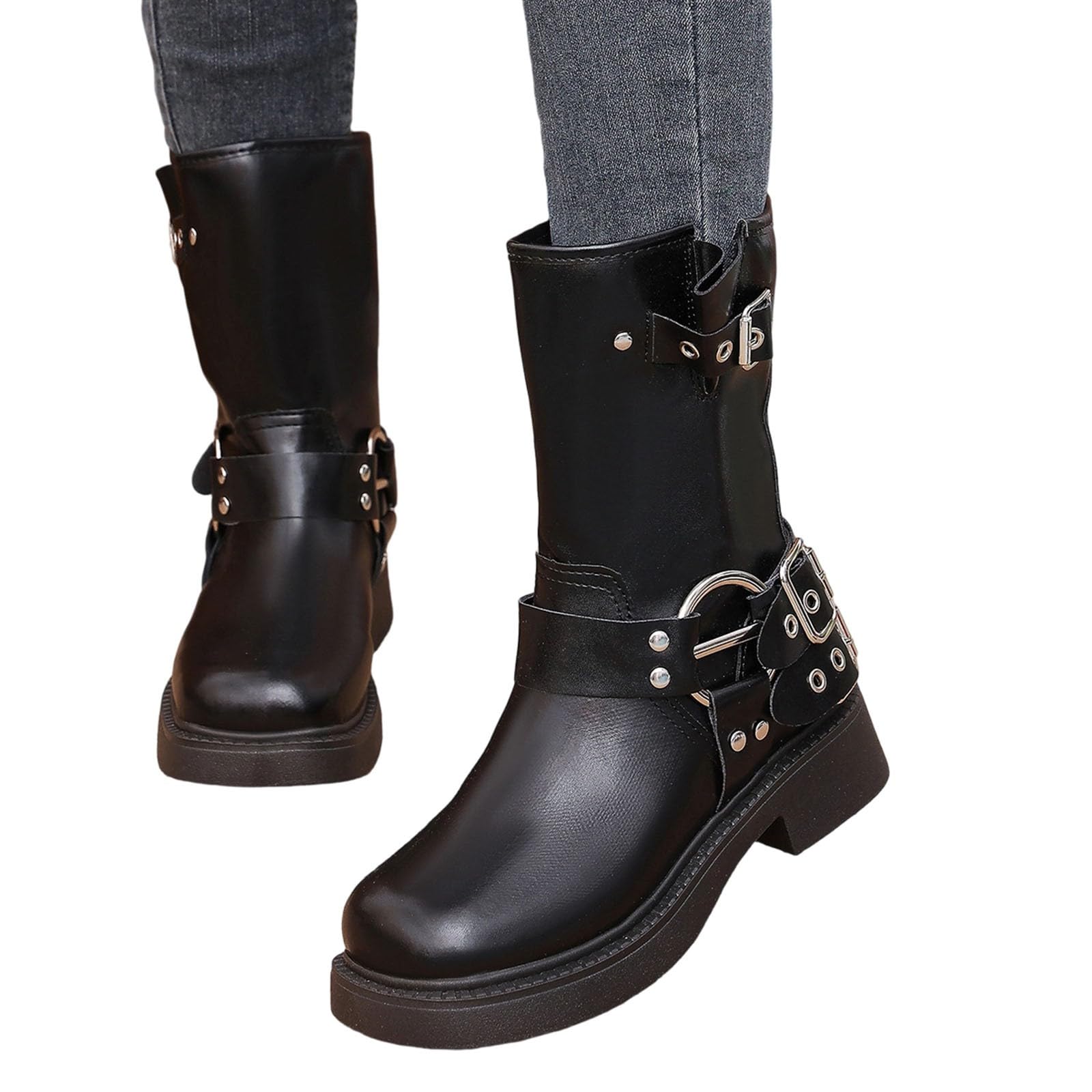Botas por Encima de la Rodilla Botas de Media caña con Punta Redonda, Estilo Vaquero Occidental, para Mujer.