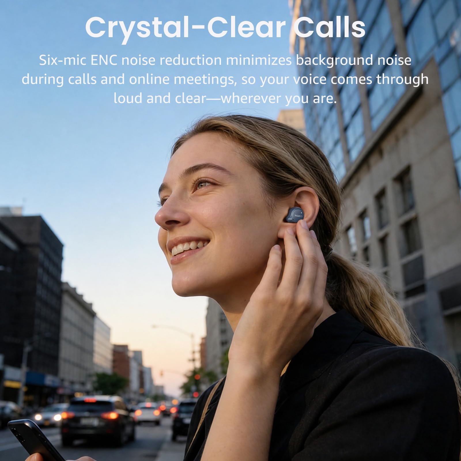 TOZO Hybrydowe bezprzewodowe słuchawki douszne z aktywną redukcją szumów, 6 mikrofonów ENC Clear Call, wodoodporność IPX8, słuchawki douszne Bluetooth 5.3, stereo, bas, 59 odtwarzania, z wyświetlaczem