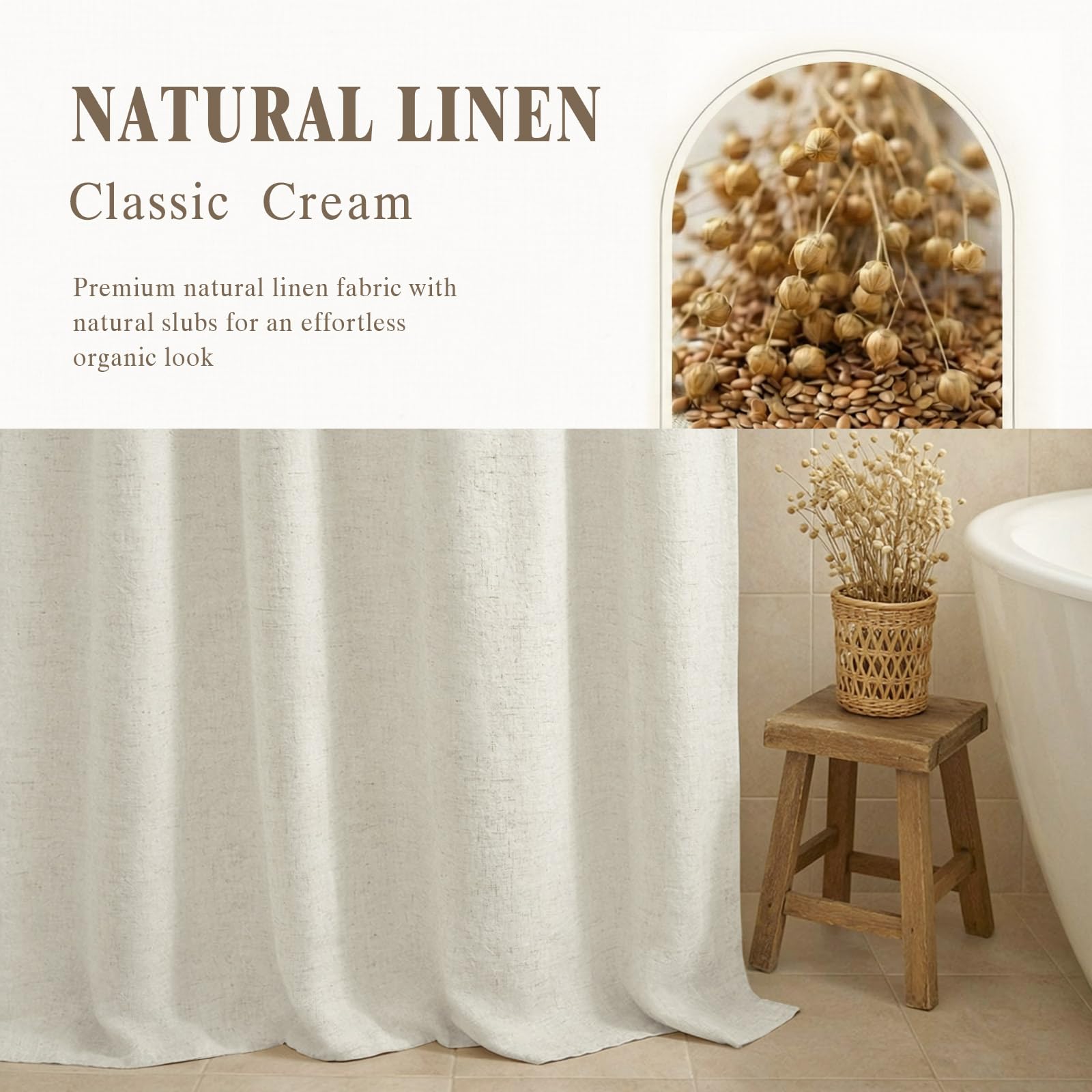 Condition photo showing New/Like New for linen shower curtain flax cream boho farmhouse 72" w x 78" l | linen fabric, boho farmhouse, woven texture, natural cloth, elegant drape, washable, shower curtain for bathroom bathtub