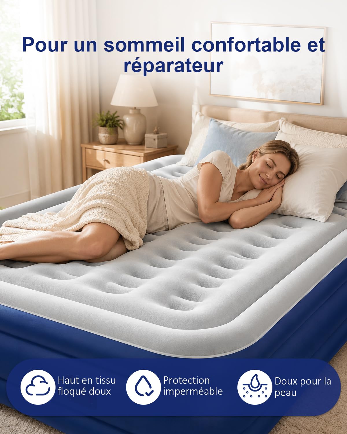Spopal Matelas Gonflable 2 Personnes,200x152x40cm,2600mAh,Charge Max 450kg | Pompe Électrique Intégrée Rechargeable,PVC Épais Anti-Fuite Imperméable,Lit Gonflable Portable pour Camping Invités Voyages