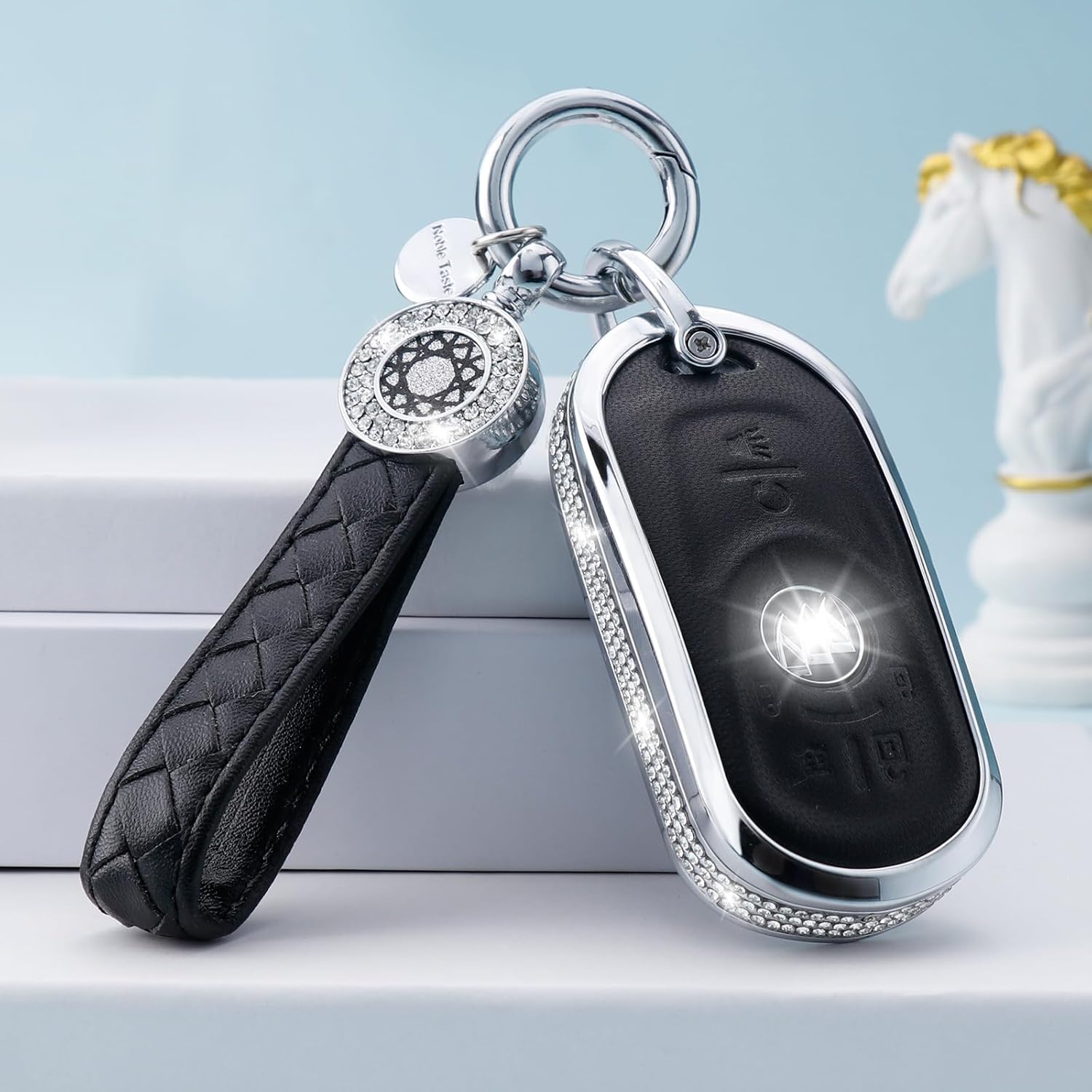 Compatible with Buick Key Fob Cover with Keychain Genuine Leather Crystal Key Protector