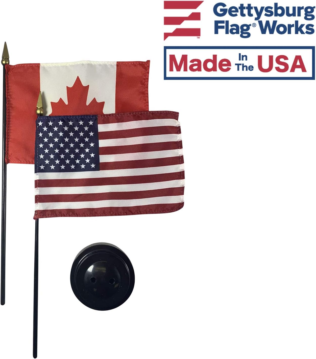 Set of 3 4x6" E-Gloss Canada Stick Flag w/U.S. Stick Flag & 2 Flag Plastic Table Base - Made in the USA