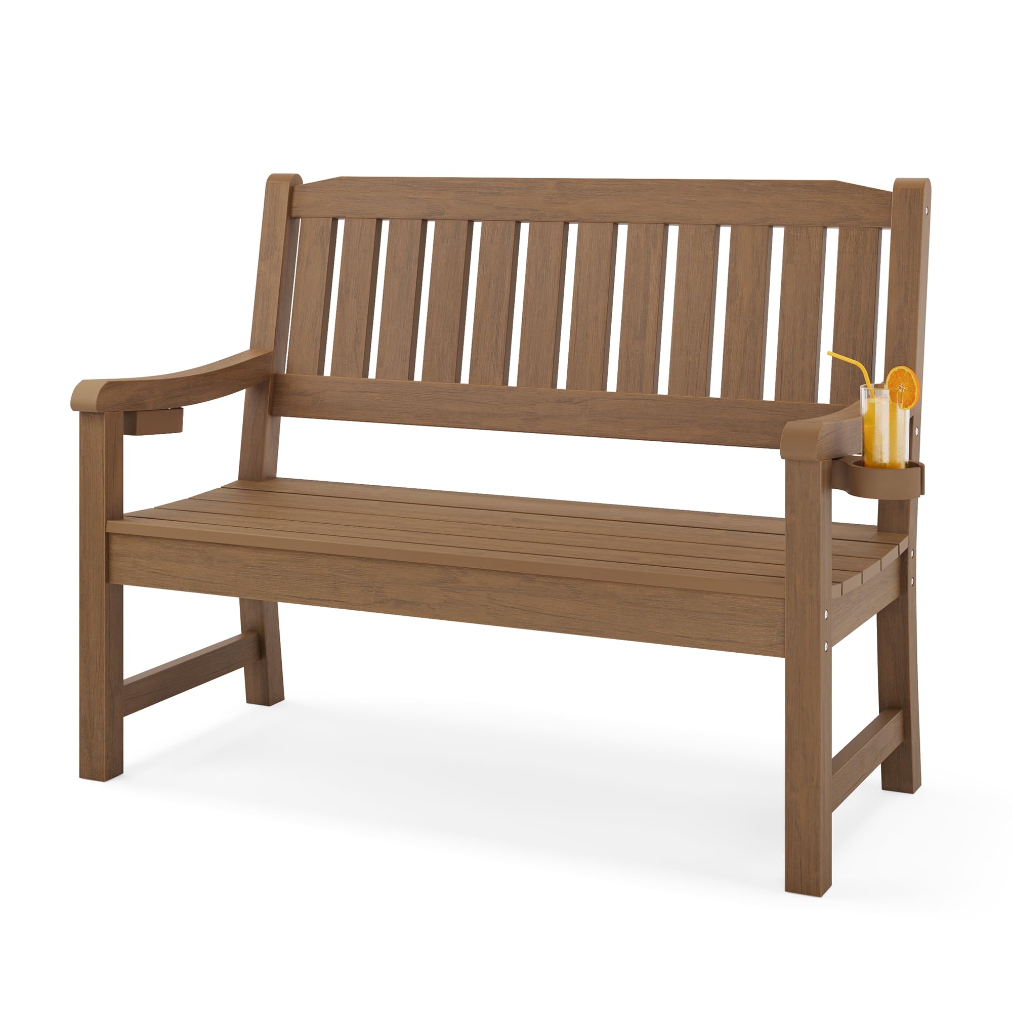 LUE BONA Outdoor Bench, 2-Person HDPS Garden Bench, Outdoor Benches Weatherproof, All-Weather Fade/Rot Resistant Patio Bench for Park, Front Porch, Backyard (Brown-Oil Printed)