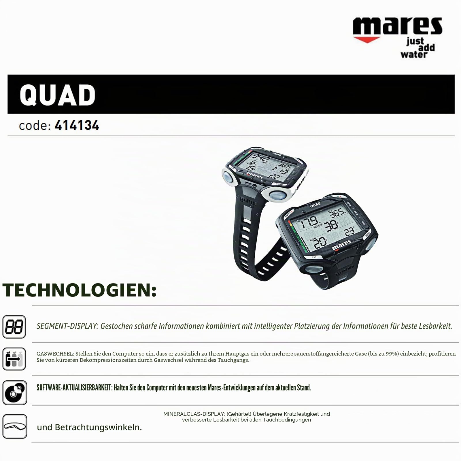 Mares 414134 Quad Dekompression Tauchcomputer für Unisex Erwachsene