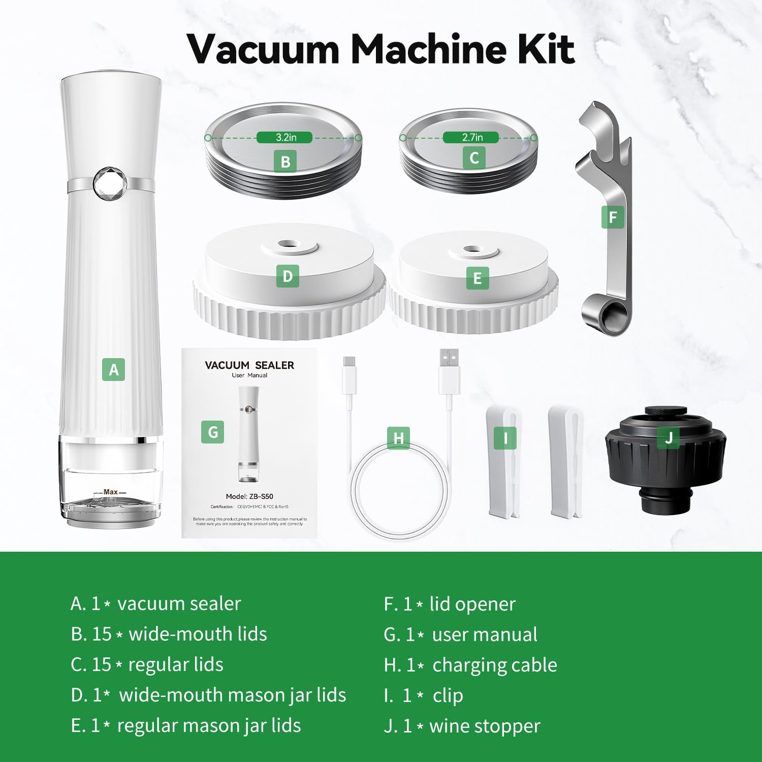Vacuum Sealer for Food (Compact Vacuum Sealer Machine +30 Mason Jar Lids+ Wine Stopper), Handheld Mason Jar Vacuum Sealer for 10X Preservation & Fresh, 80Kpa Portable Vacuum Food Saver