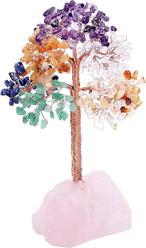 Memolome Árbol de 7 chakras árbol de dinero de bonsái con piedras preciosas curativas de Reiki sobre base de racimo de cuarzo rosa natural para 7