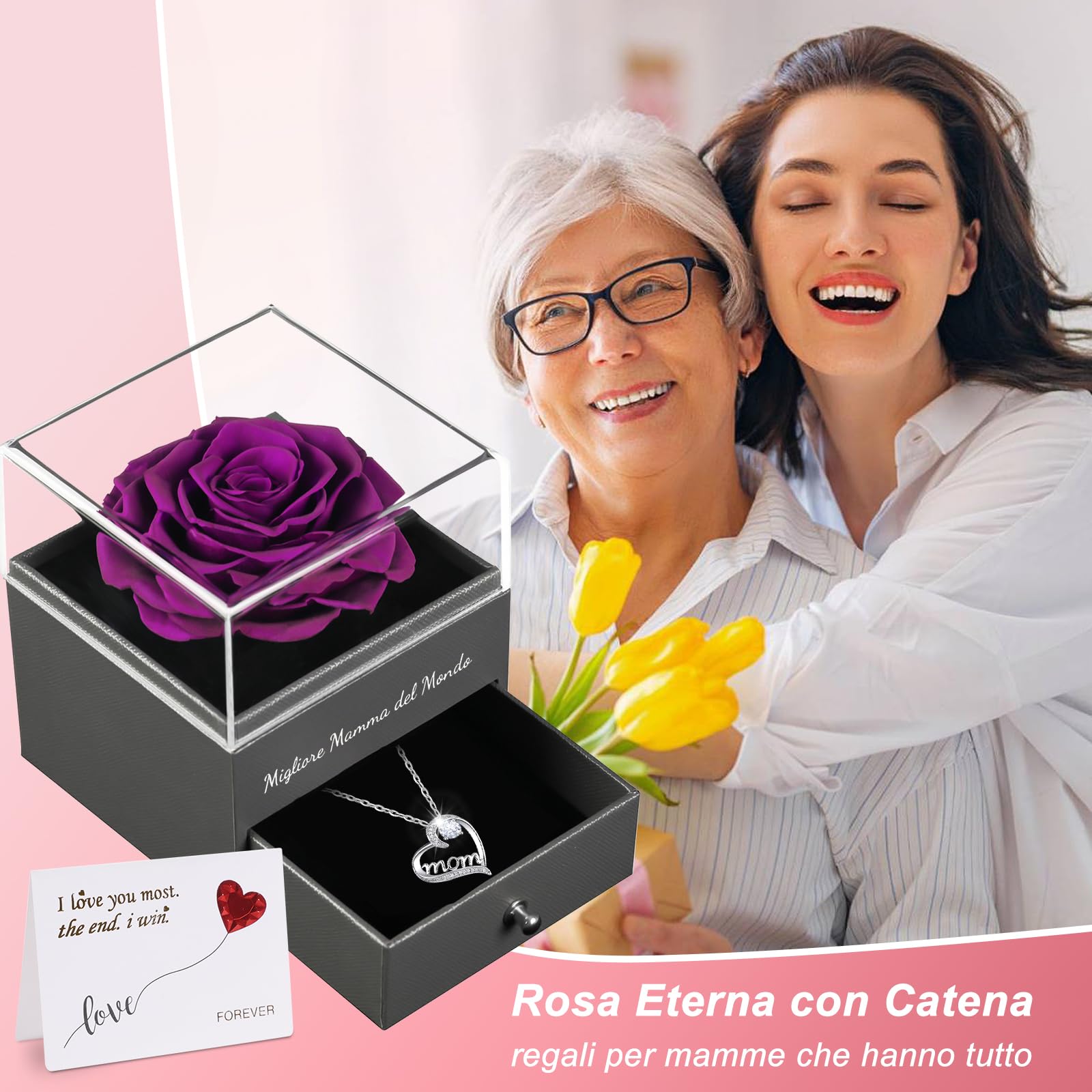 Festa della Mamma Idee Regalo, Rosa Eterna con Collana Argento 925, Migliore Mamma del Mondo, Rosa Stabilizzata Vera, Regalo Mamma Compleanno, Festa della Mamma dal Daughter