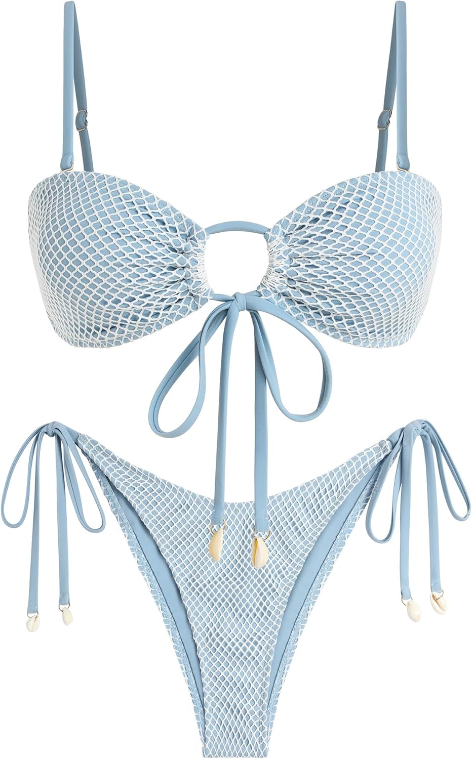 ZAFUL Women's Bandeau Bikini Set O Ring Fishnet String Swimsuit Seashell Tie Side Two Piece Bathing Suits