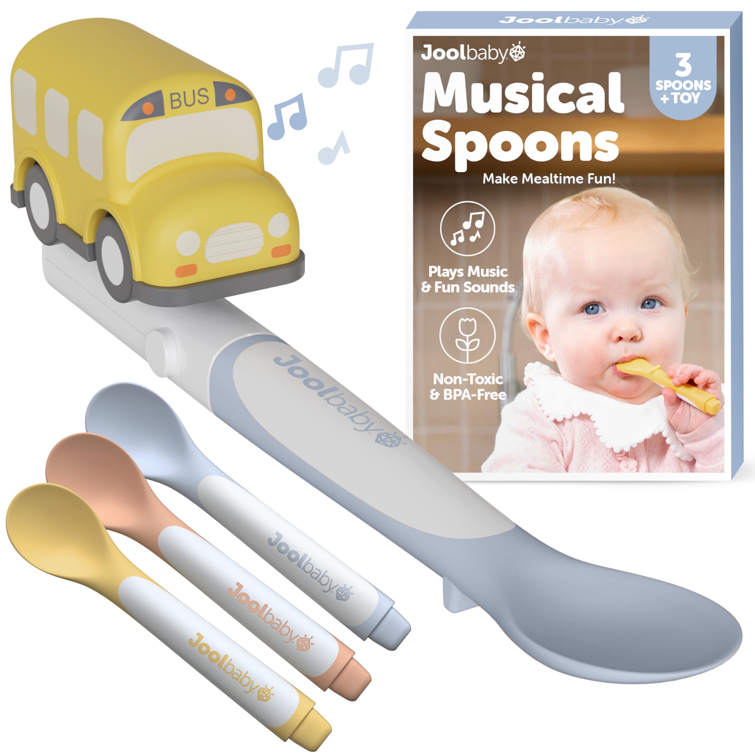 Jool Baby Musical Baby Spoons, 3 Spoons + School Bus with Fun Sounds - Multi-Stage Spoon for Infant Feeding & Training Babies 6+ Months to Self-Feed