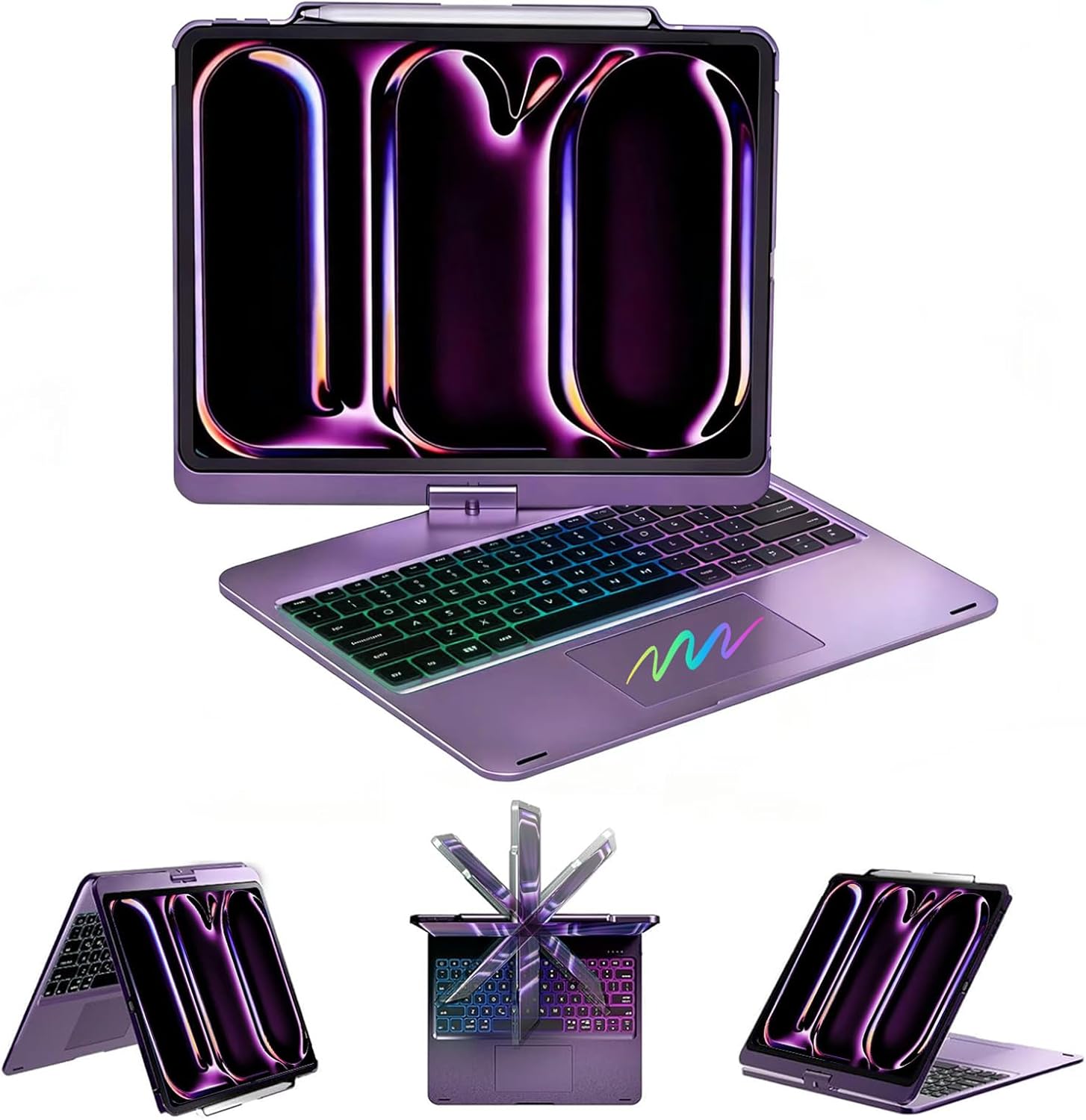 for iPad Pro 13 inch Case with Keyboard (M5/2025,M4/2024)& iPad Air 13 (M4/M3/M2) &iPad Pro 12.9 (6th/5th/4th/3rd Gen),360° Swivel &Rainbow Backlit with Pencil Holder-Purple