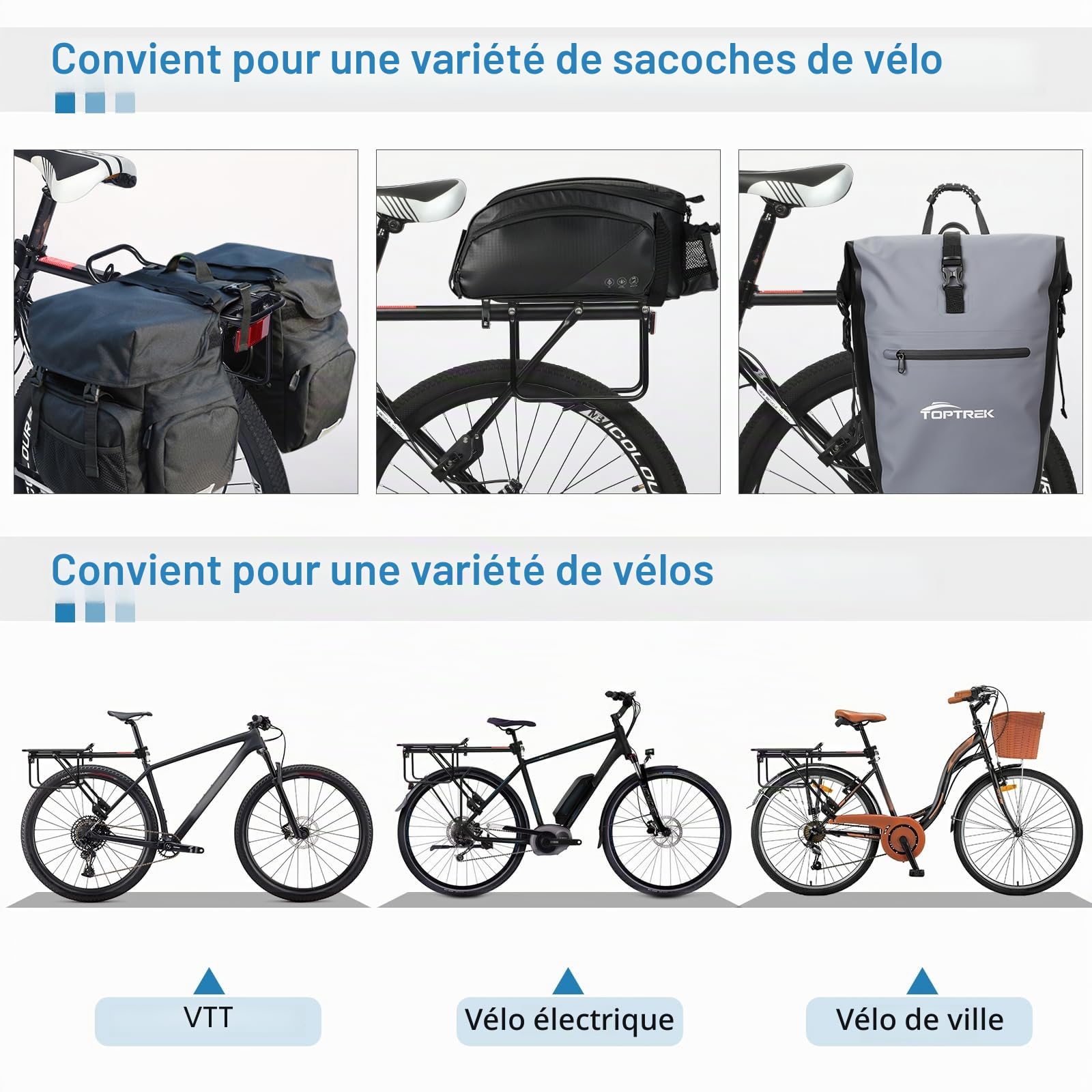 Toptrek Porte-bagages VTT pour vélo de 24 à 29 pouces | Universel en alliage d'aluminium, 50 kg de charge | Arrière pour VTT, vélo de route