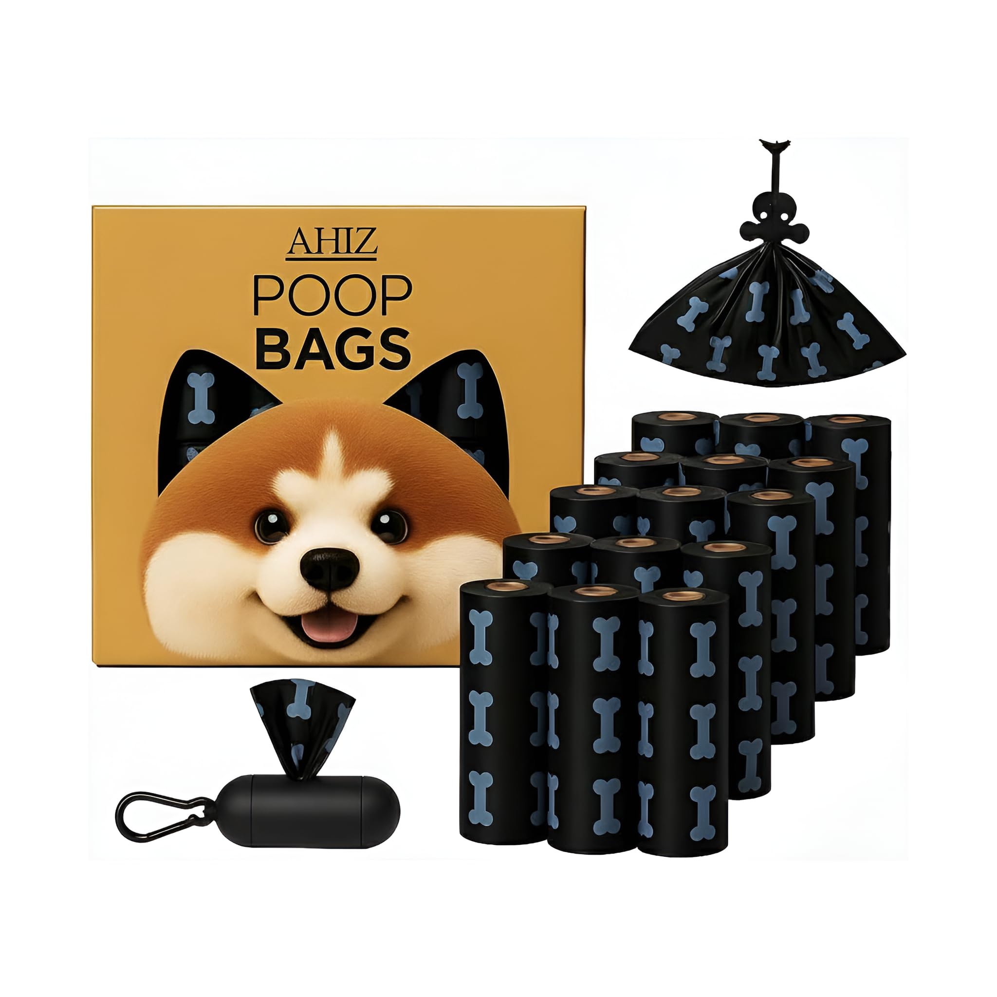 AHIZ Dog Poop Bags with Dispenser, 360 Count (24 Rolls), Thick & Leak-Resistant Pet Waste Bags, Lavender Scented, Easy Tear Rolls, Black Bone Print Design, Dog Walking Essentials