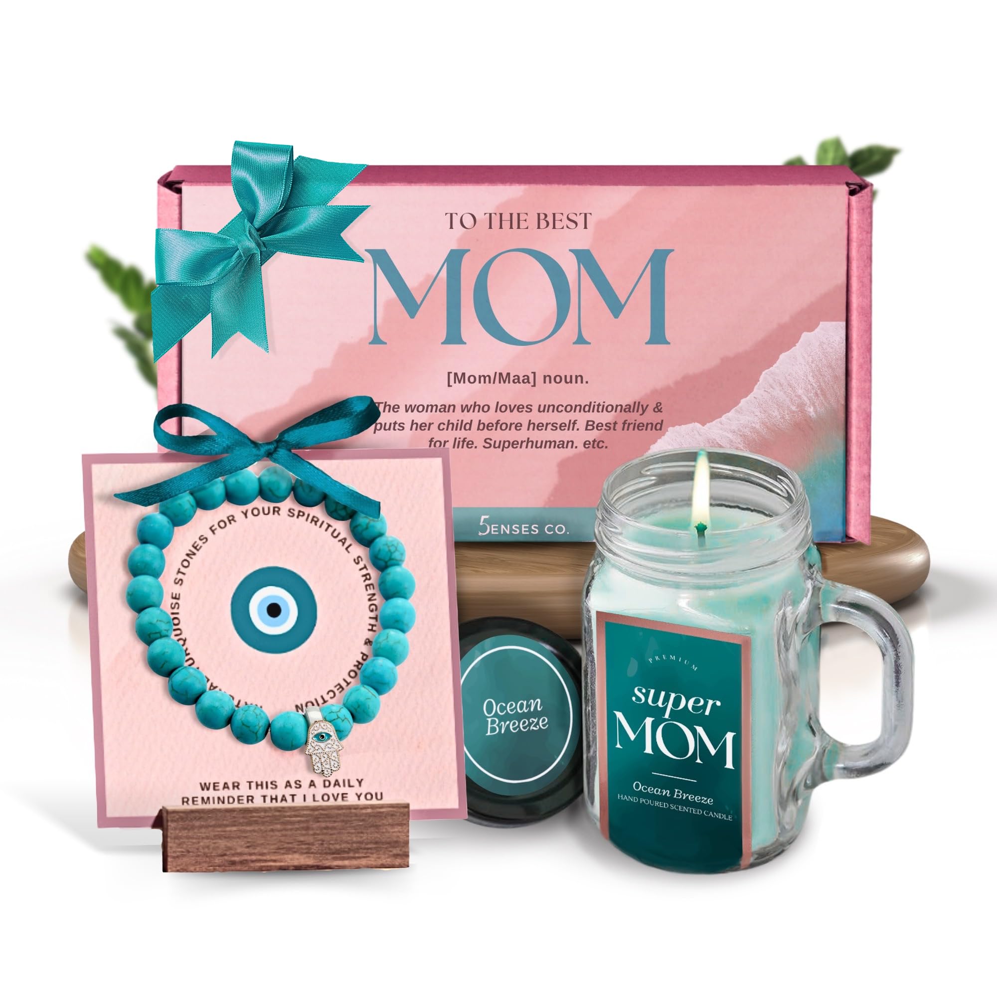 5 Senses Co. Luxury Gift Set for Mom | Birthday Gift for Mother | Mother’s Day Hamper | Anniversary | Certified Natural Crystal Stones Charm Bracelet & Premium Relaxing Tin Jar Scented Candle