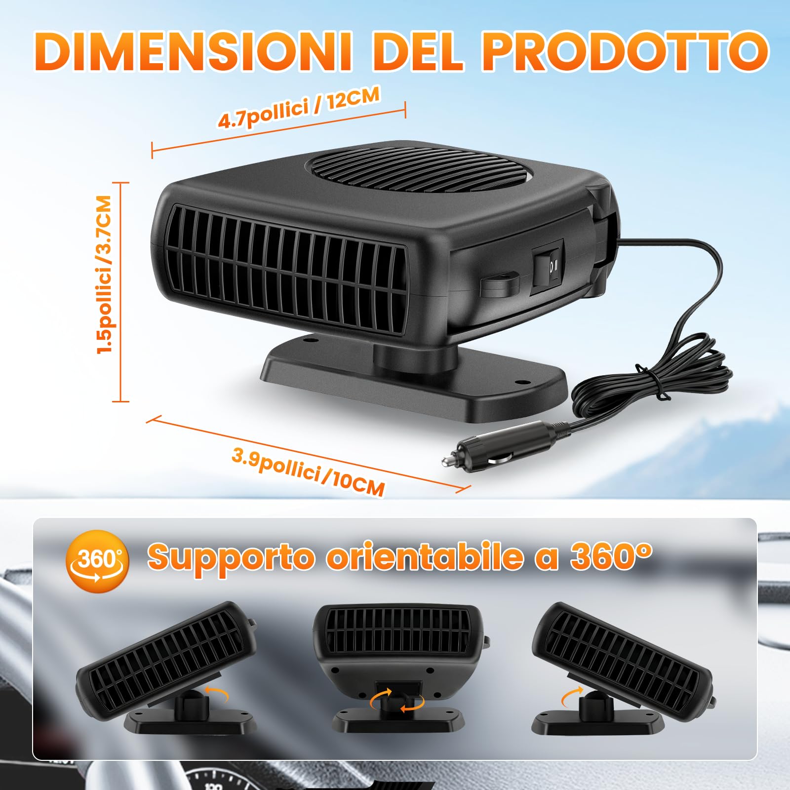 Blytra Riscaldatore Auto 12V Accendinio, 200W Riscaldatore Rapido & Sbrinatore, Ventilatore 360° per Interni, Riscaldatore per Auto 12V Portatile per Vetture, Camper (Nero)