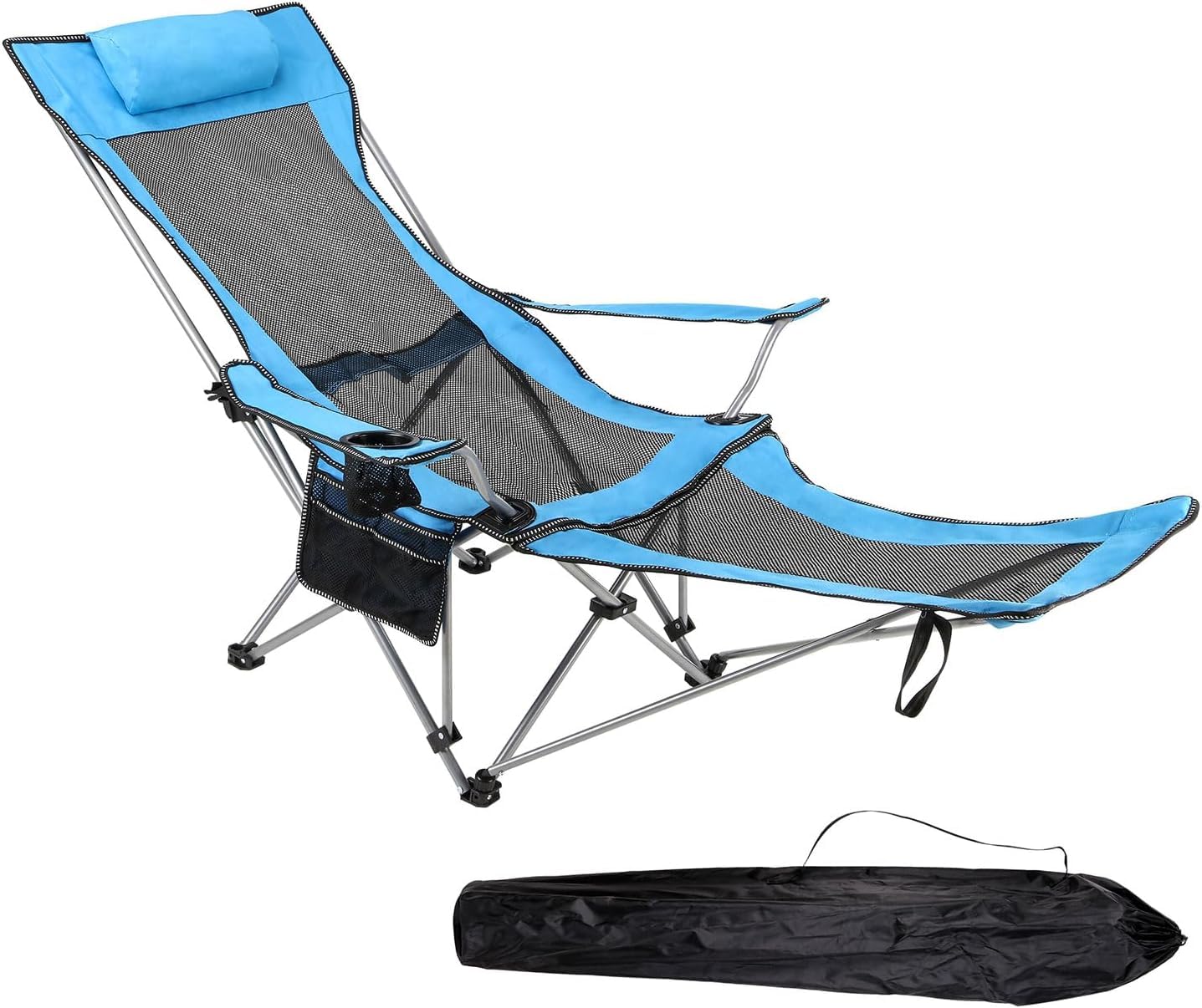 Greenfields Folding Reclining Adjustable Camping Chair with Detachable Footrest - Lightweight, Portable, Reclining Camp Chair Headrest - Fold Up for Outdoor, Garden, Beach (Blue)