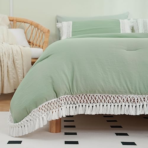 Miniatura 8 de Juego de edredón bohemio tamaño King de 8 piezas en una bolsa, juego de ropa de cama verde con 1 edredón con borlas, 1 sábana encimera, 1 sábana