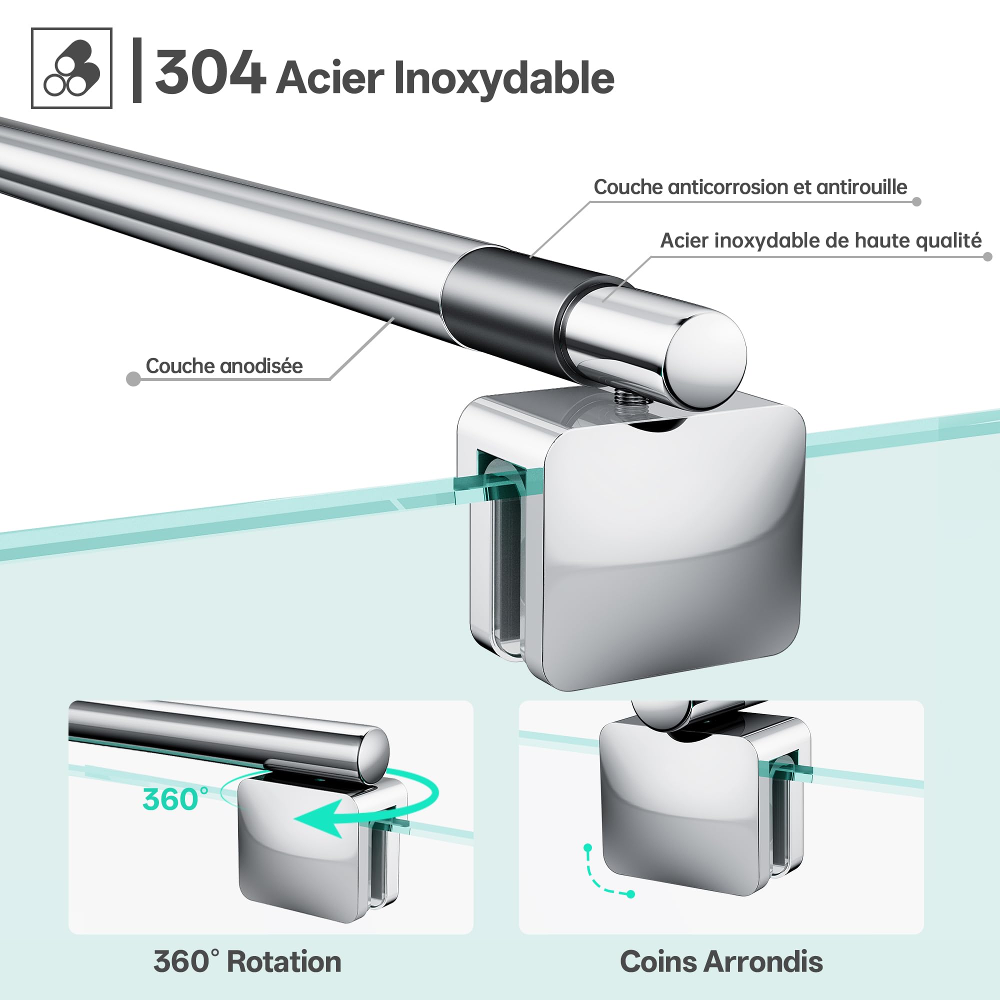 Barre de soutien murale télescopique pour paroi de douche, inox, réglable de 66,5 à 125,8 cm (du mur au bord intérieur du verre), compatible verre 6-10 mm, chromé