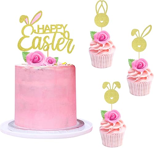 Ercadio Paquete de 25 adornos para cupcakes con diseño de conejito con decoración de pastel de Pascua, orejas de conejo con purpurina, suministros