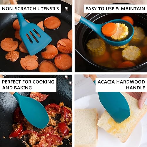 Miniatura 4 de Juego de utensilios de cocina de silicona, 5 piezas antiadherentes de silicona para cocina, espátula, cucharón con mango de madera, utensilios de
