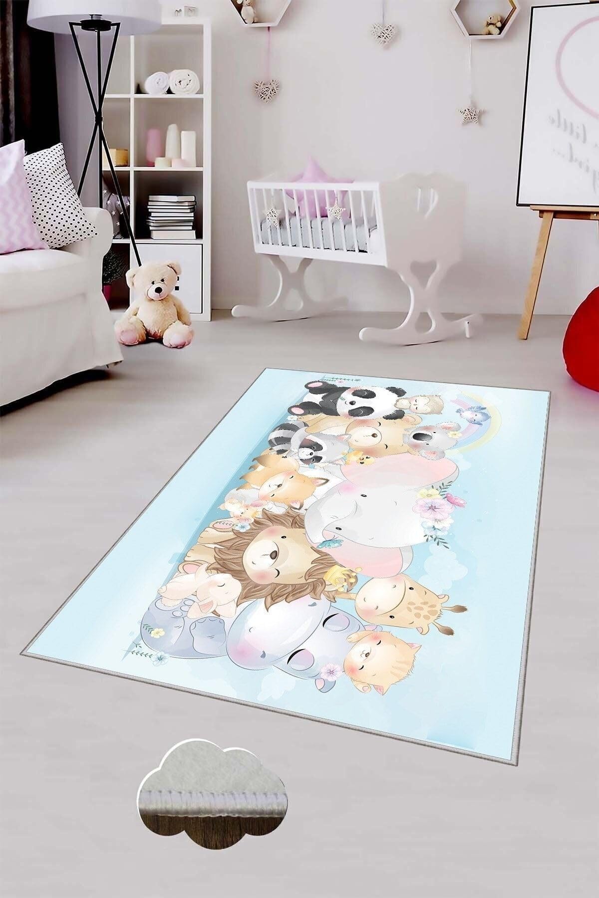 Pelangi Mavi Hayvan Desenli Yıkanabilir Kaymaz Taban Leke Tutmazbebek Ve Çocuk Odası Halısı, Açık Mavi 130 x 180, 901357053130180