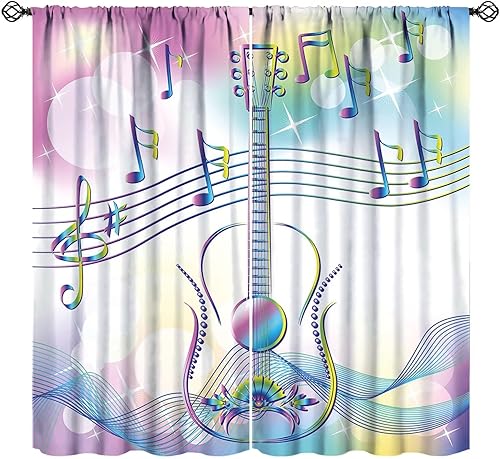 Miniatura 14 de Cortinas de música retro, notas musicales abstractas en blanco y negro, con bolsillo para barra, cortinas opacas para ventana para sala de estar,