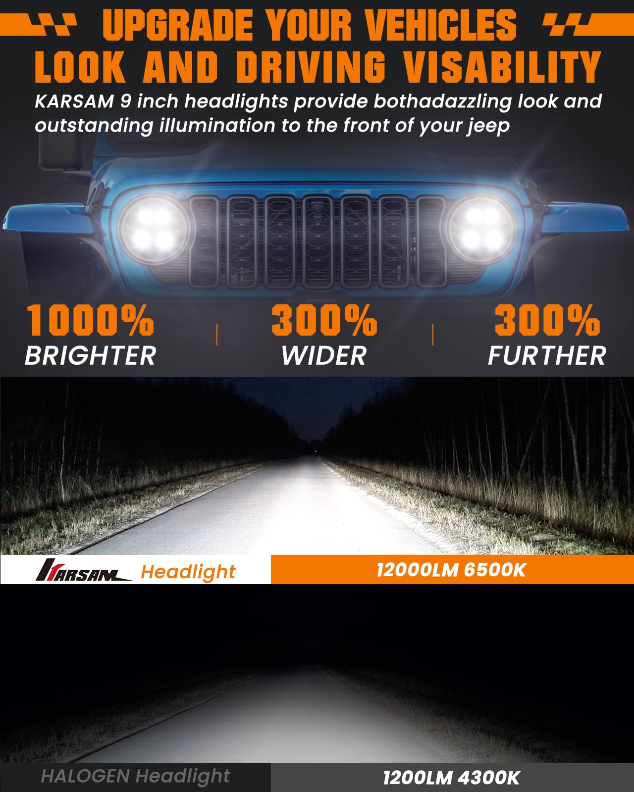 Amazon | KARSAM 1000% 明るい 9 インチ LED ハロー ヘッドライト 2018 