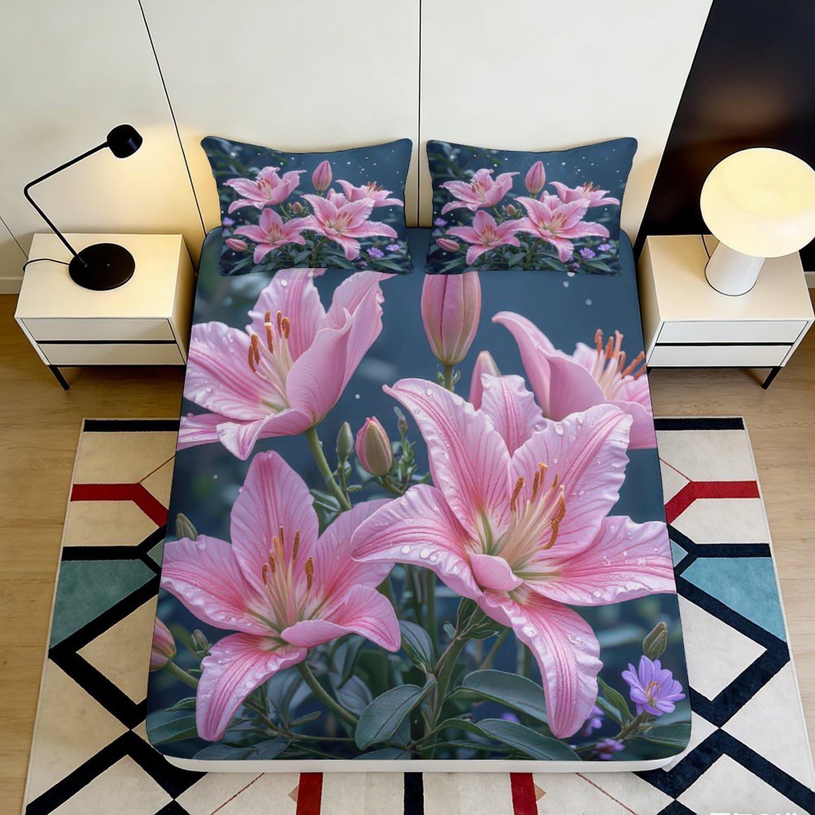 3D Printed Pink Lily Fitted Sheet Microfiber Soft Breathable Blossom Mattress Cover for Bedroom Guest Room Decor 90x200x25cm
