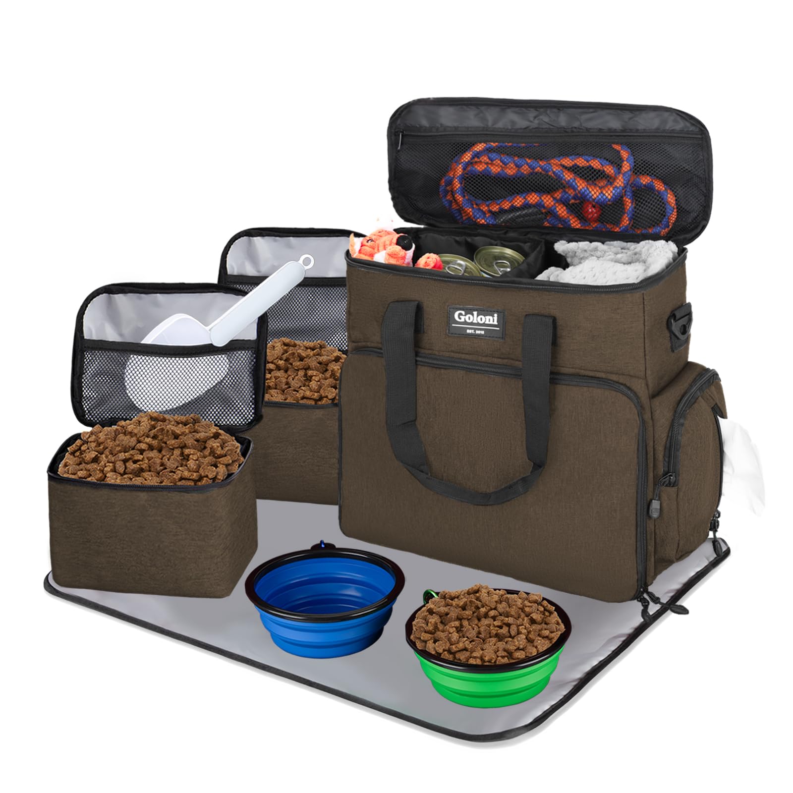 Dog Travel Bag Airline Approved–Pet Travel Tote with Collapsible Bowls,Food Containers & Feeding Mat–Multi-Pocket Organizer for Dogs & Cats, Durable & Water-Resistant for Hiking,Trips,Outdoors