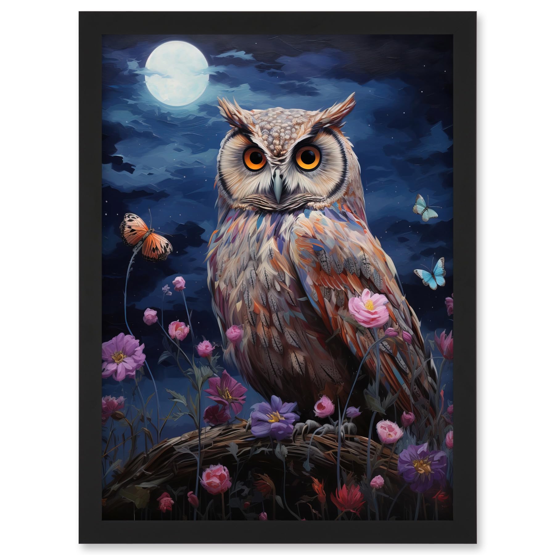 Artery8 Majestic Owl Portrait Oil Painting Great Horned Purple Pink Blue Full Moon in Spring Meadow with Wildflowers Artwork Framed A3 Wall Art Print